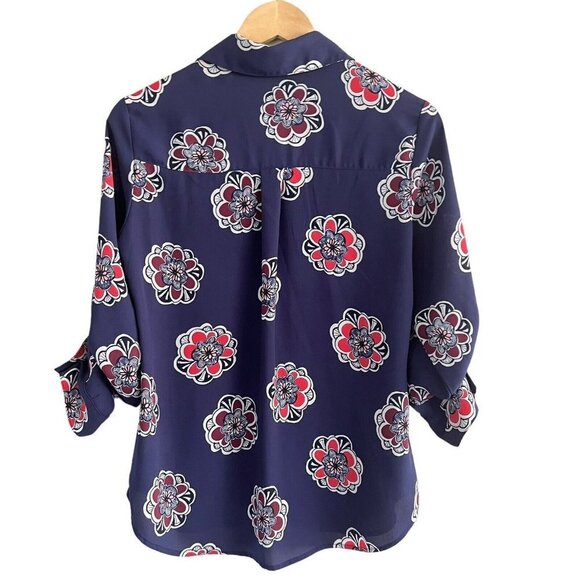 Express Women Size S Portofino Shirt Blouse Button Front Collared Blue Floral - Picture 2 of 12